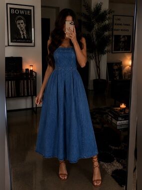 Fashion Nova Luxe Andreah Denim Maxi Dress A-Line Square Neck Medium Wash New
